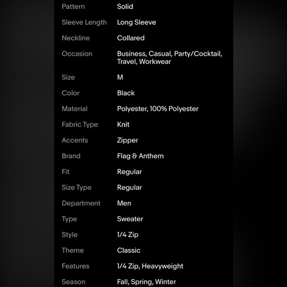 New! Flag & Anthem Mens 1/4 Zip Sweater Pullover Medium Black Shirt Heavy Weight - Picture 12 of 12